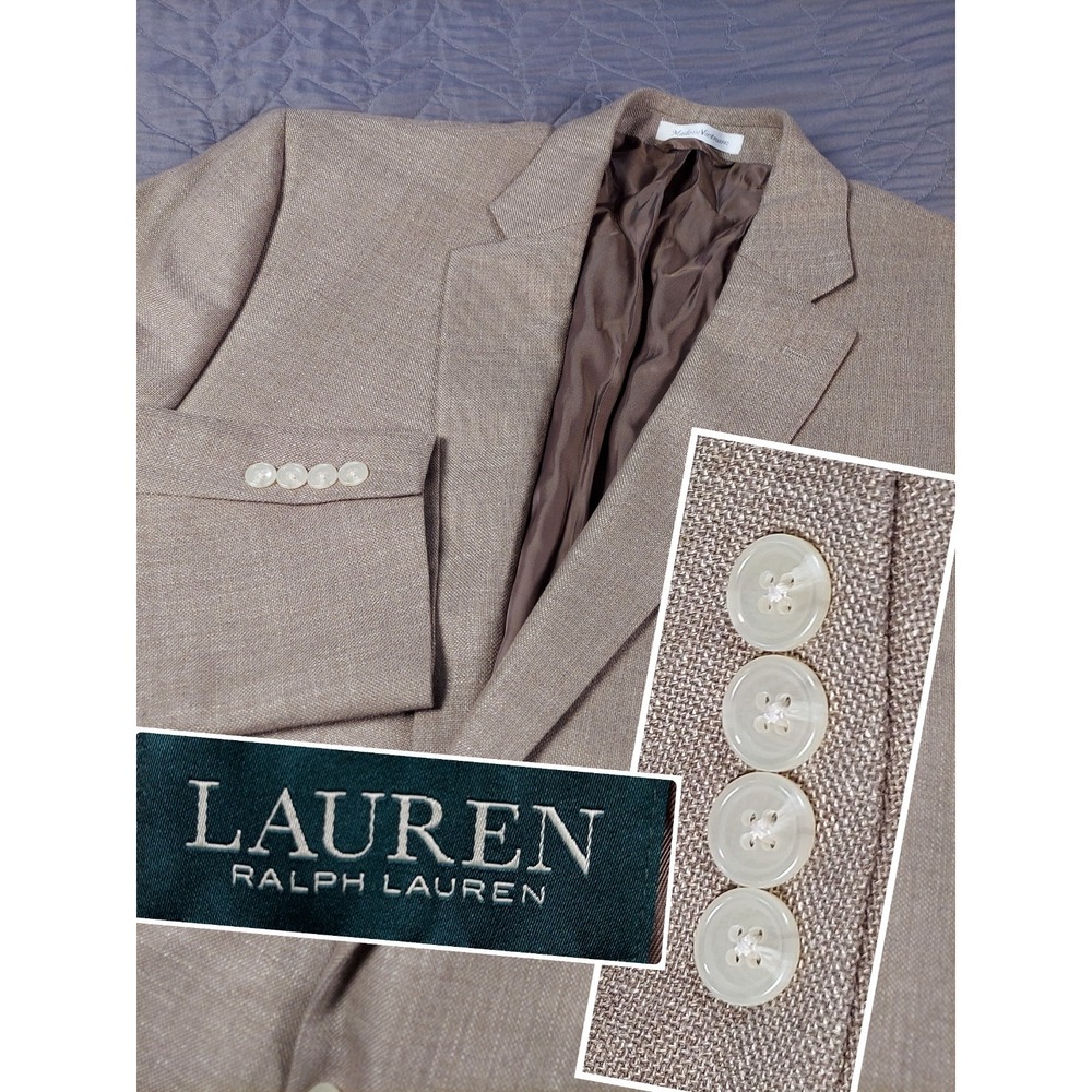 Lauren Ralph Lauren Blazer Tan Mens 46R Linen Blend Sport Coat Jacket Beige